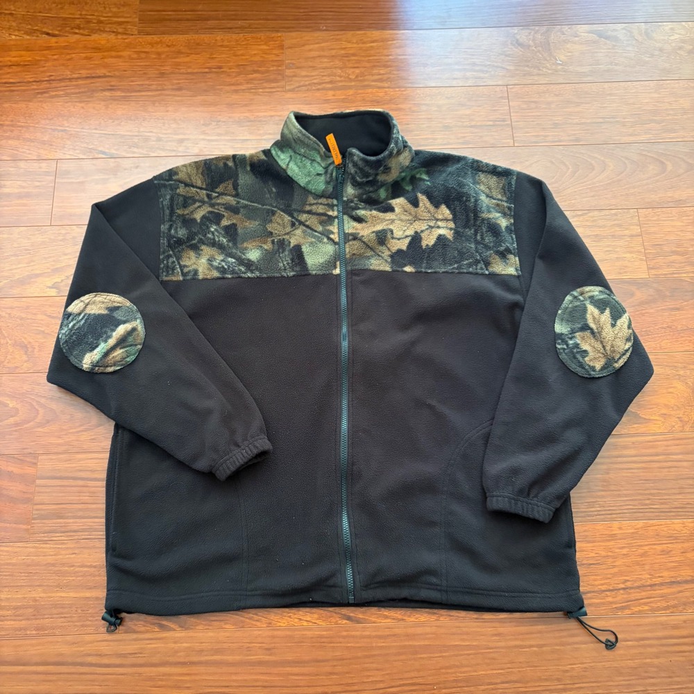 Trail Crest Mens 2XL Black Fleece Jacket Camo Yoke Elbow Patch Full Zip Gorpcore